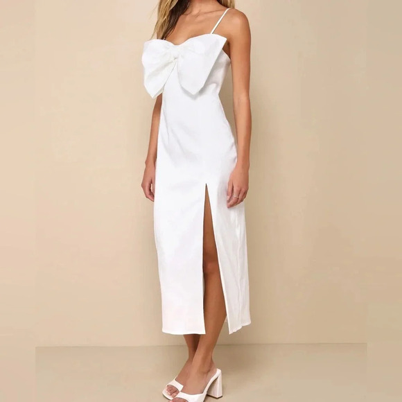 NWOT Lulus Dress Statement Sweetie White Taffeta Sleeveless Bow Midi Dress - Picture 4 of 9